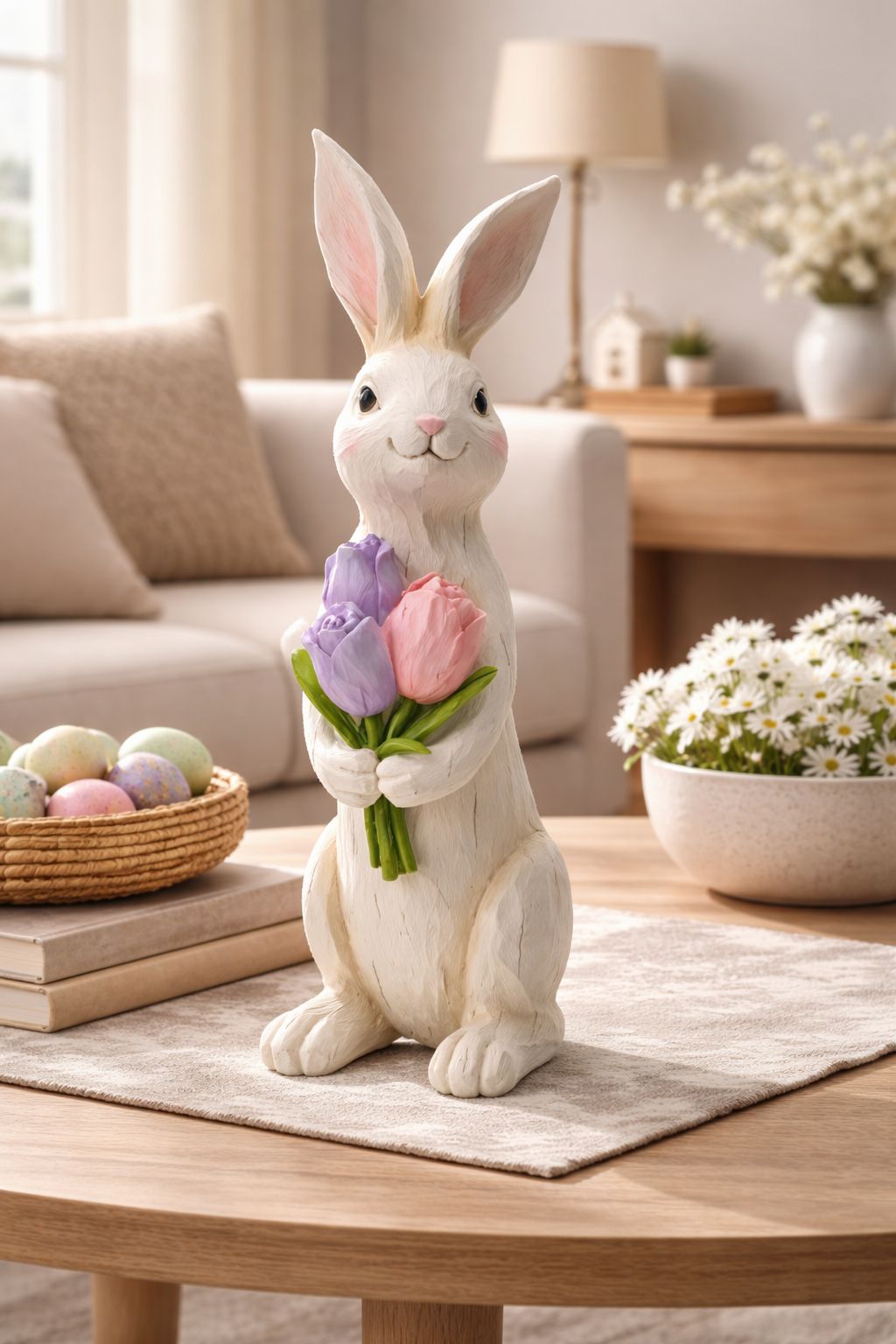 Coniglio in resina bianco con tulipani - H.40 cm - Hervit